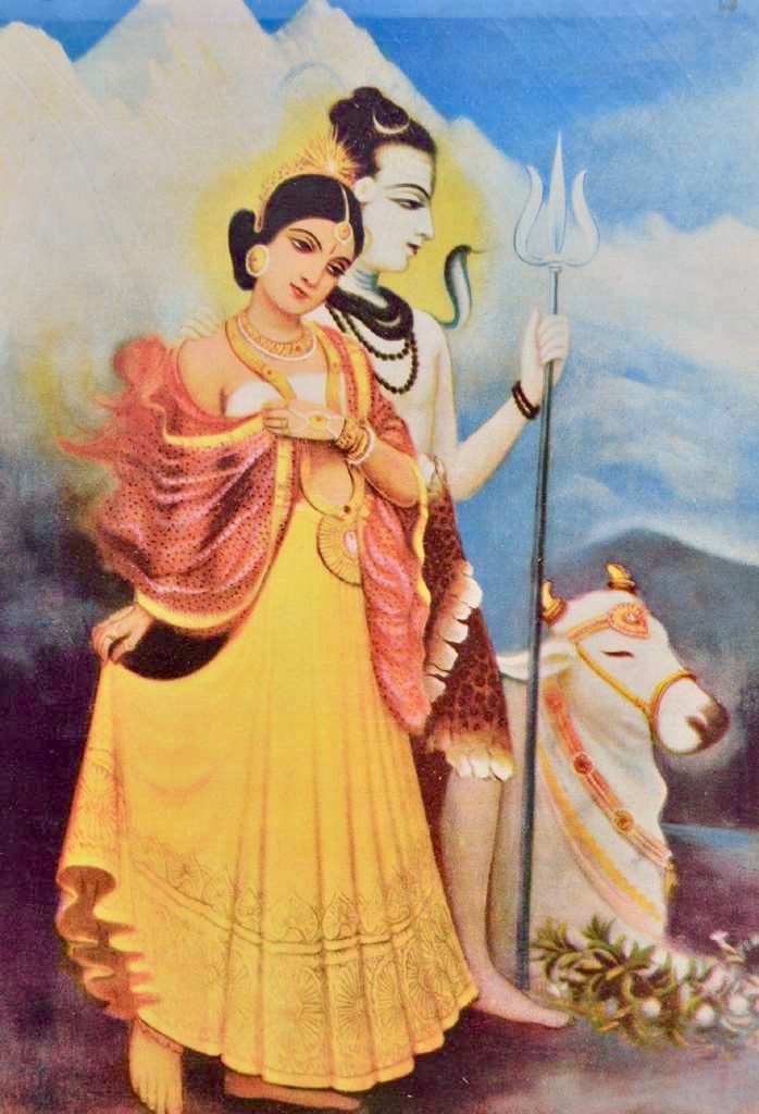 Lord Shiva with Parvati and Nandi — Vaitheeswaran, the healer form of Shiva worshipped at Vaitheeswaran Koil. Oleograph by Raja Ravi Varma